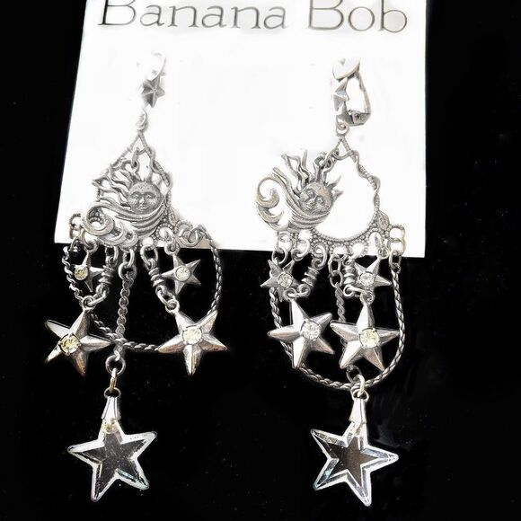 Banana Bob sun and stars 4” chandelier silver pierced earrings with crystals - Picture 1 of 6